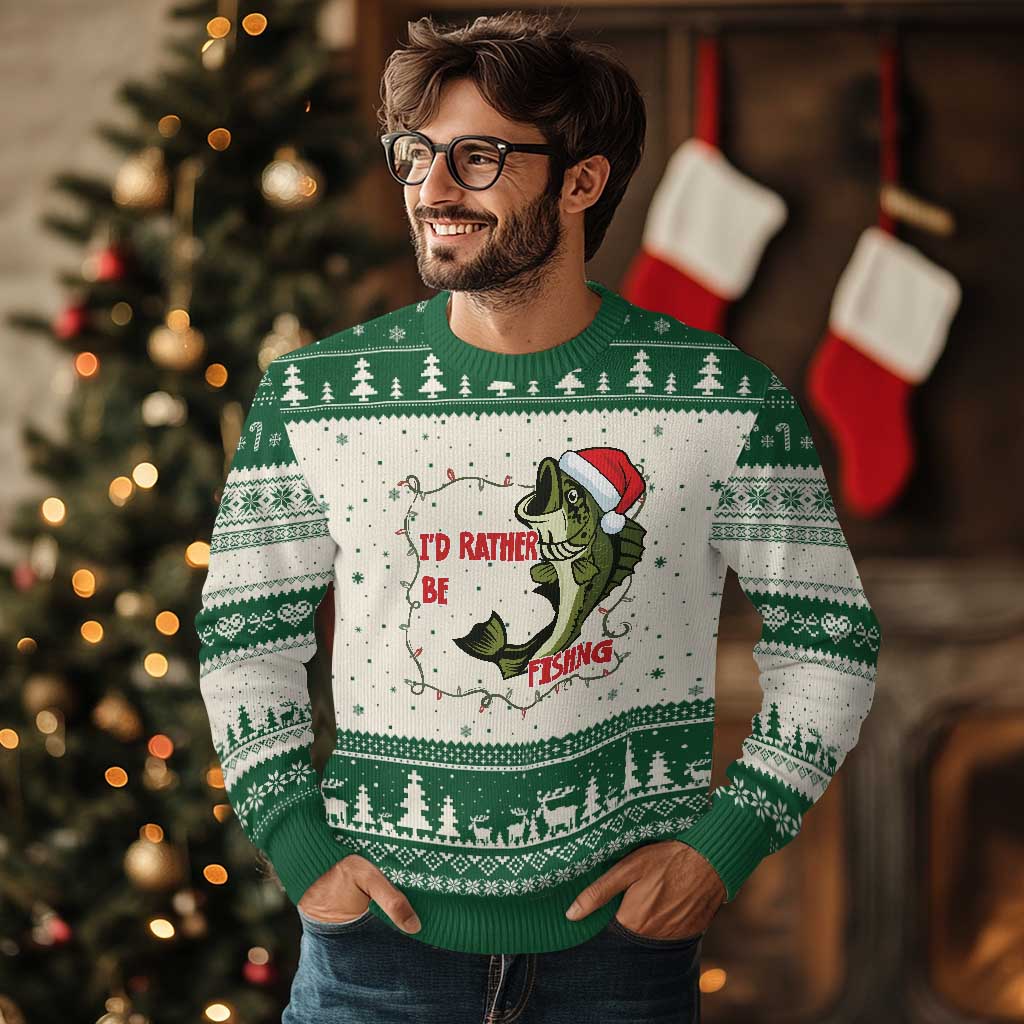 Xmas Fisherman Holiday Gift Ugly Christmas Sweater Id Rather Be Fishing - Wonder Print Shop
