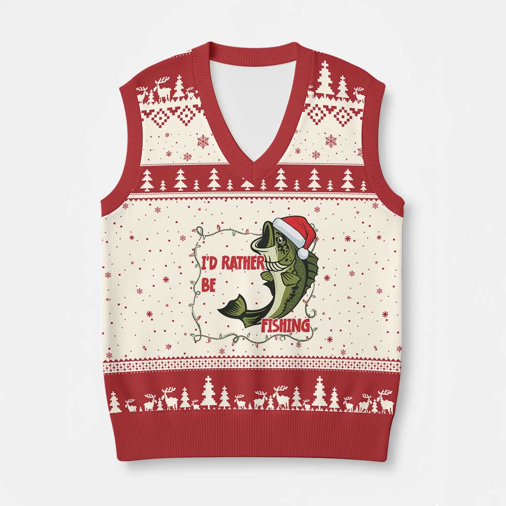 Xmas Fisherman Holiday Gift V-Neck Knit Sweater Vest Id Rather Be Fishing - Wonder Print Shop