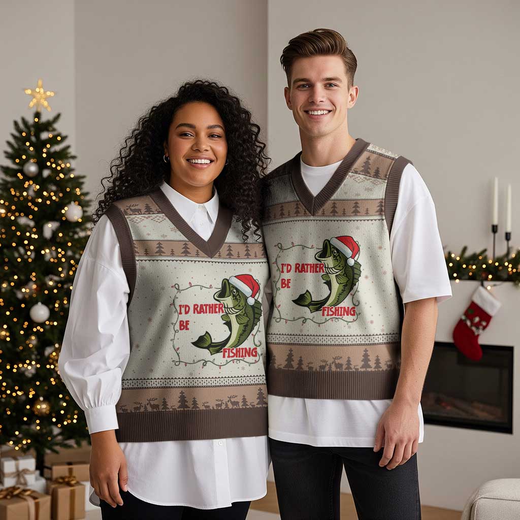 Xmas Fisherman Holiday Gift V-Neck Knit Sweater Vest Id Rather Be Fishing - Wonder Print Shop