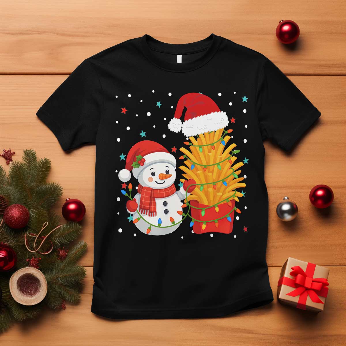 Funny Snowman Decorating French Fries T Shirt Christmas Gift - Wonder Print Shop