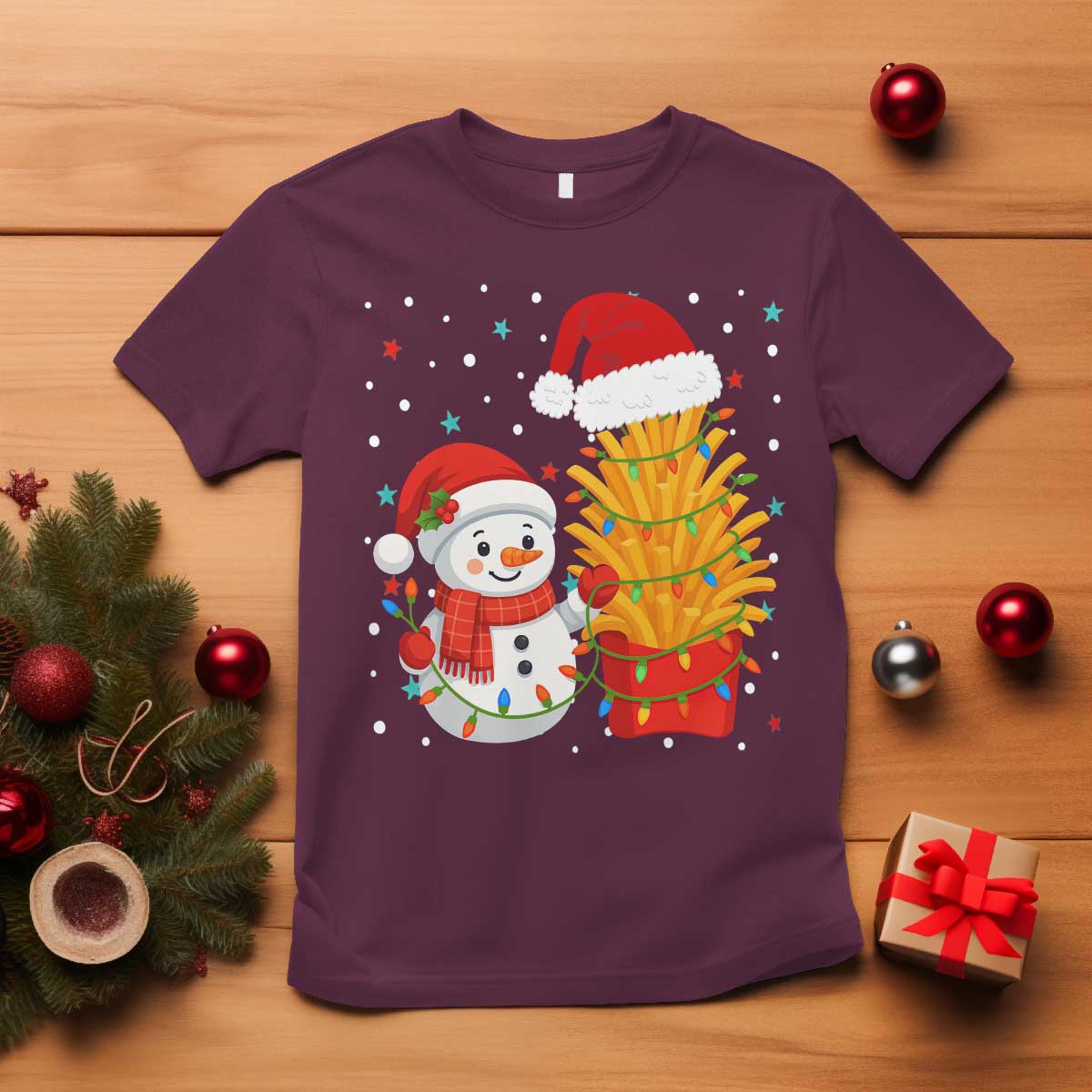 Funny Snowman Decorating French Fries T Shirt Christmas Gift - Wonder Print Shop
