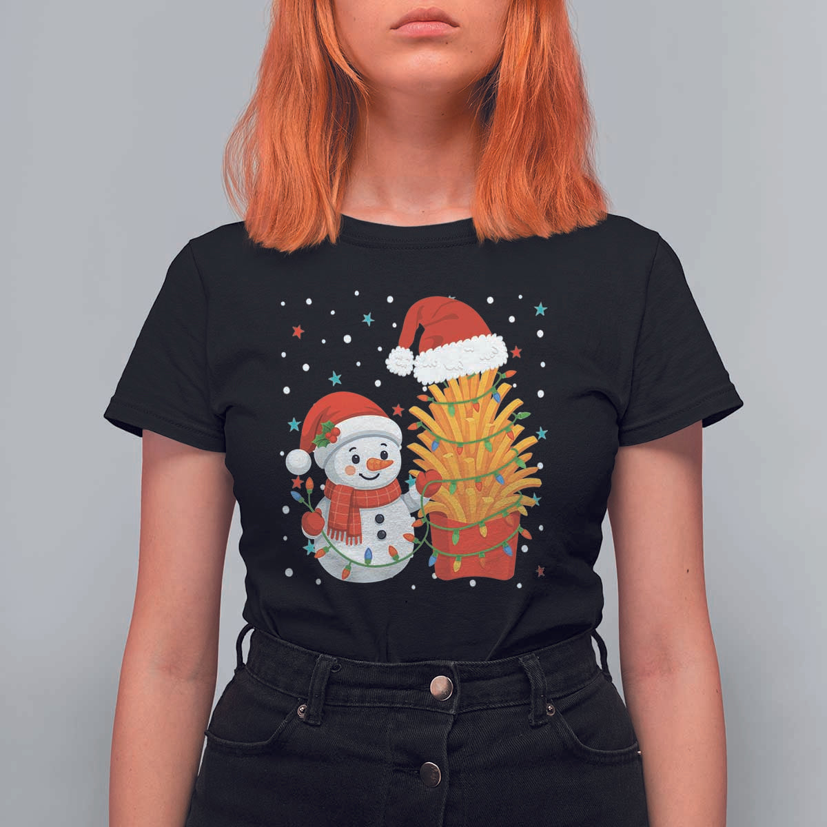 Funny Snowman Decorating French Fries T Shirt For Women Christmas Gift - Wonder Print Shop