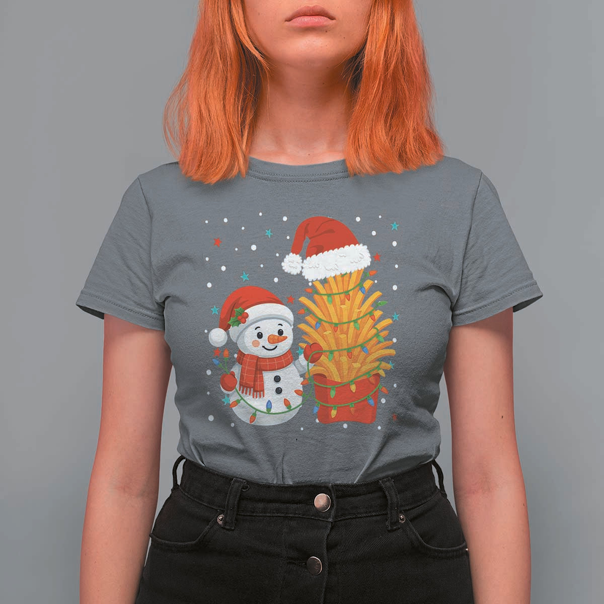 Funny Snowman Decorating French Fries T Shirt For Women Christmas Gift - Wonder Print Shop