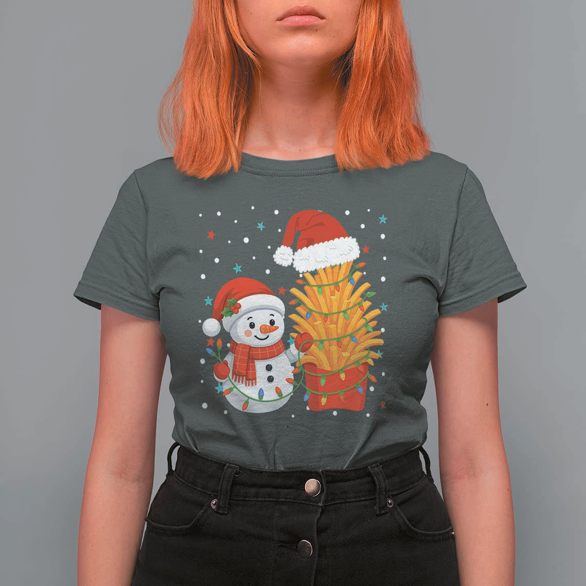 Funny Snowman Decorating French Fries T Shirt For Women Christmas Gift - Wonder Print Shop