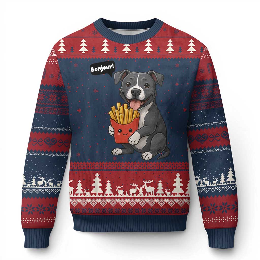 Funny Bonjour French Fries Ugly Christmas Sweater Pitbull Dog Gift - Wonder Print Shop
