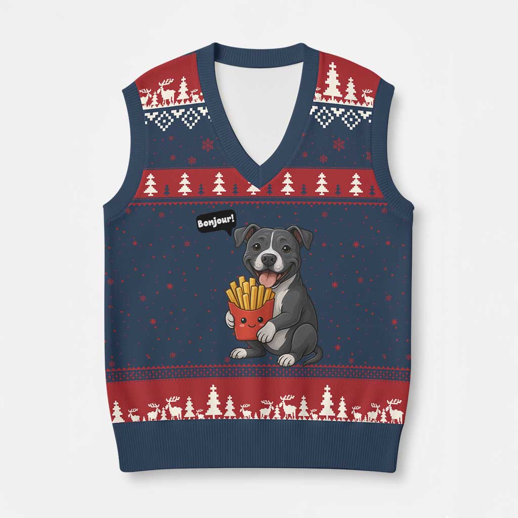 Funny Bonjour French Fries V-Neck Knit Sweater Vest Pitbull Dog Gift - Wonder Print Shop