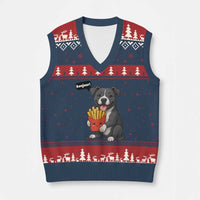 Funny Bonjour French Fries V-Neck Knit Sweater Vest Pitbull Dog Gift - Wonder Print Shop