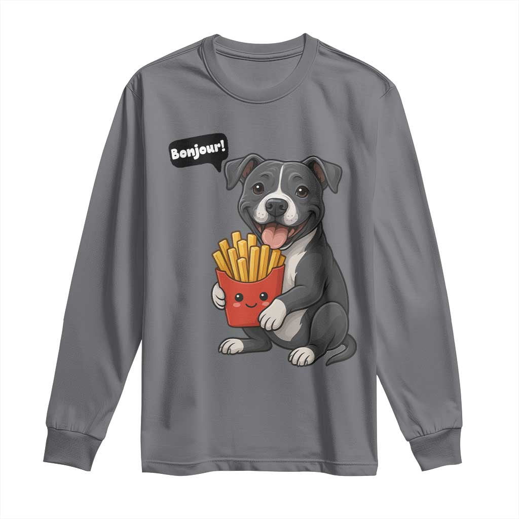 Funny Bonjour French Fries Long Sleeve Shirt Pitbull Dog Gift - Wonder Print Shop