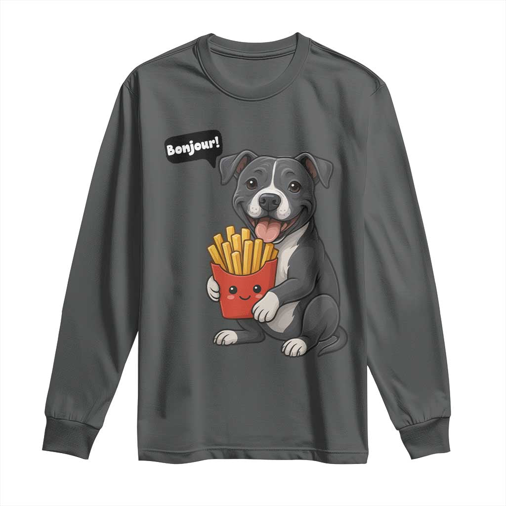 Funny Bonjour French Fries Long Sleeve Shirt Pitbull Dog Gift - Wonder Print Shop