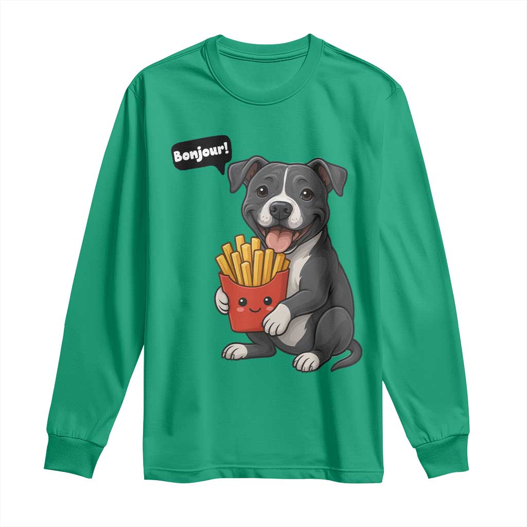 Funny Bonjour French Fries Long Sleeve Shirt Pitbull Dog Gift - Wonder Print Shop