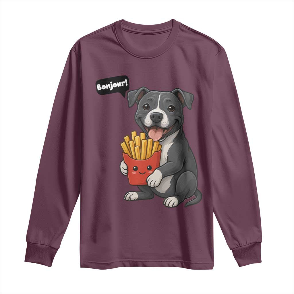 Funny Bonjour French Fries Long Sleeve Shirt Pitbull Dog Gift - Wonder Print Shop