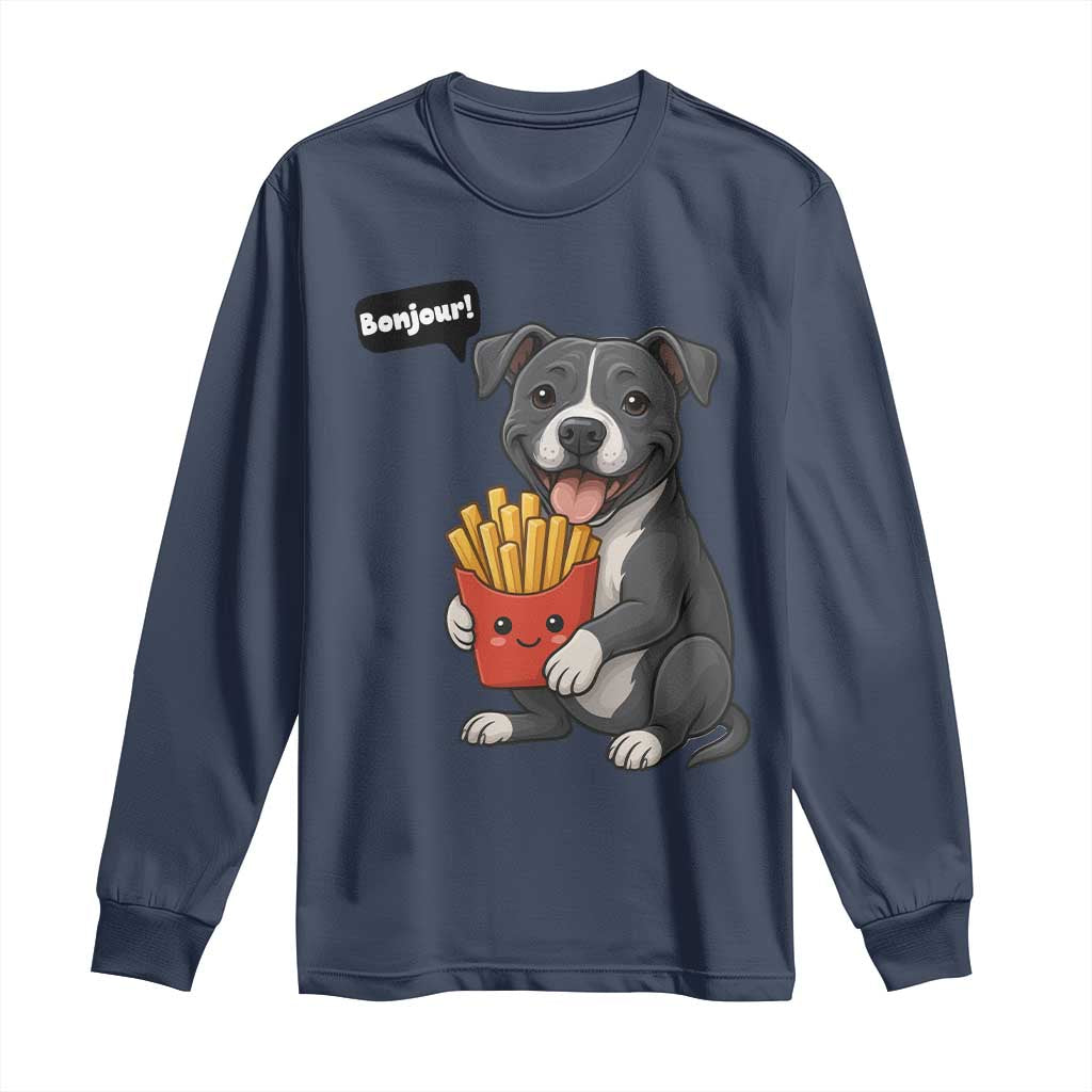Funny Bonjour French Fries Long Sleeve Shirt Pitbull Dog Gift - Wonder Print Shop