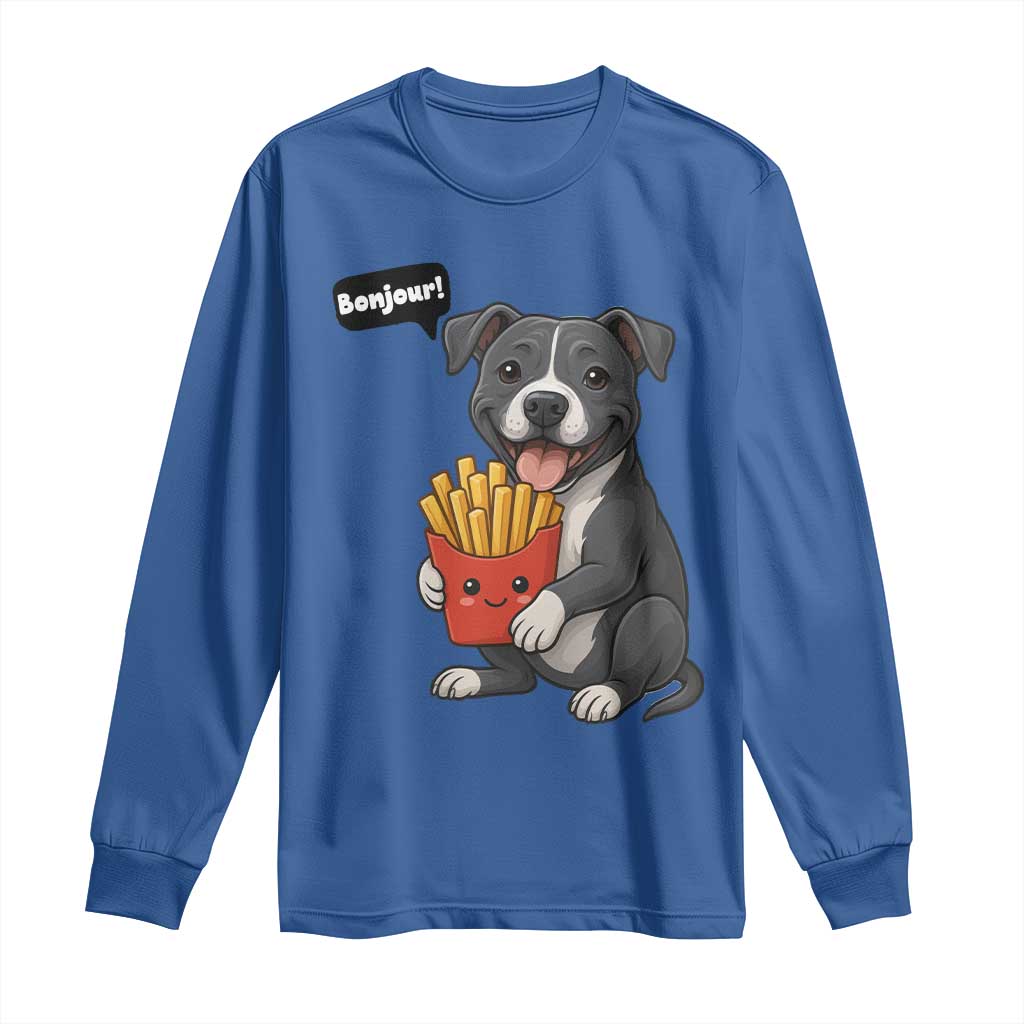 Funny Bonjour French Fries Long Sleeve Shirt Pitbull Dog Gift - Wonder Print Shop