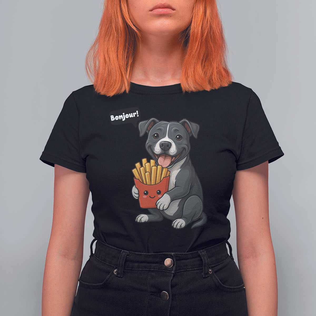 Funny Bonjour French Fries T Shirt For Women Pitbull Dog Gift - Wonder Print Shop