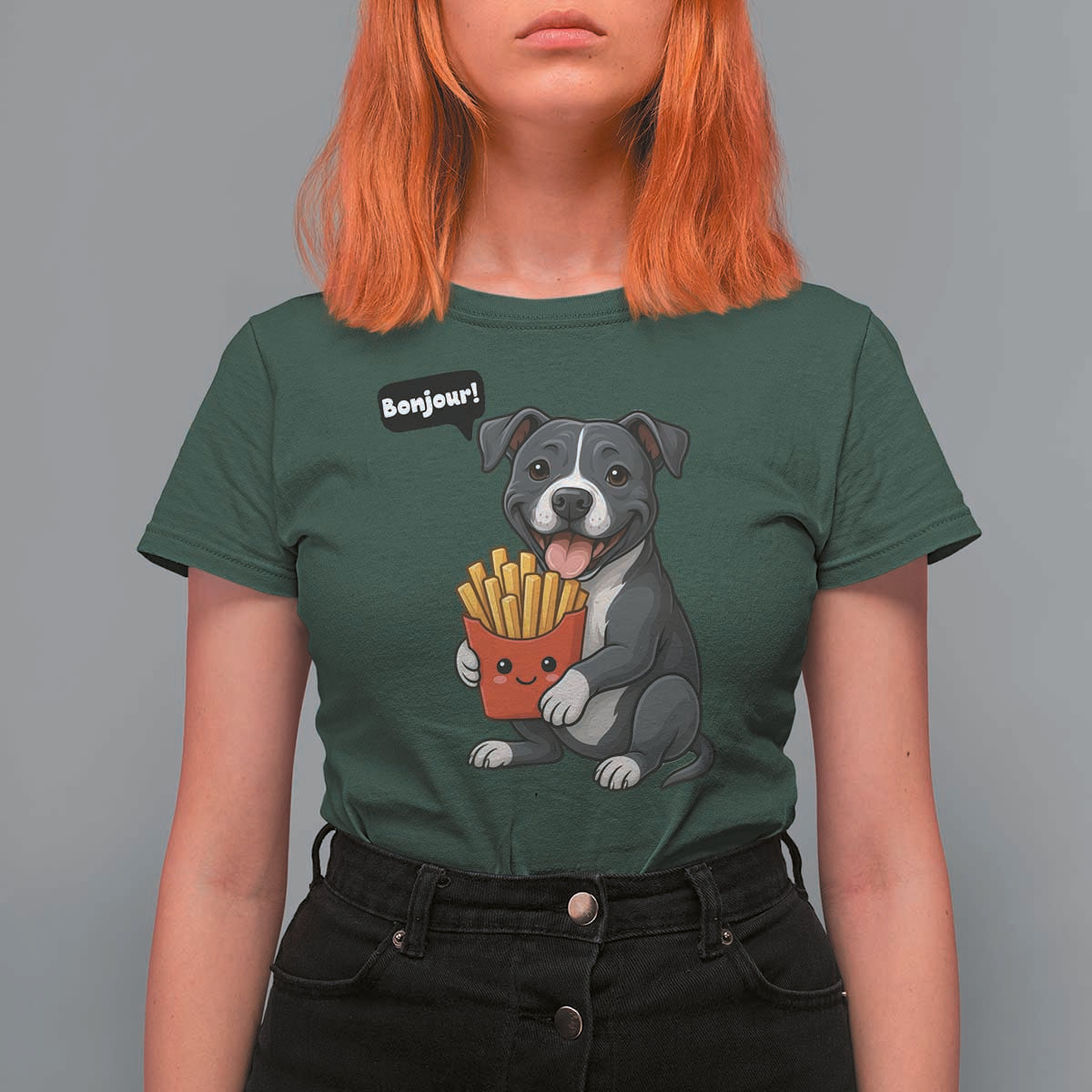 Funny Bonjour French Fries T Shirt For Women Pitbull Dog Gift - Wonder Print Shop