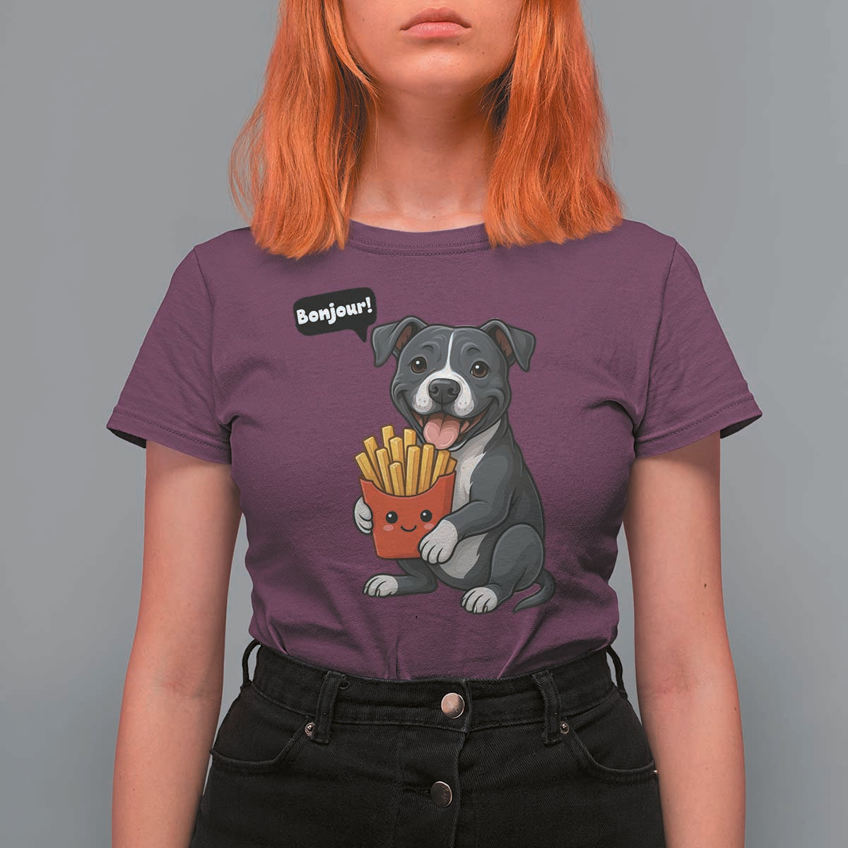 Funny Bonjour French Fries T Shirt For Women Pitbull Dog Gift - Wonder Print Shop