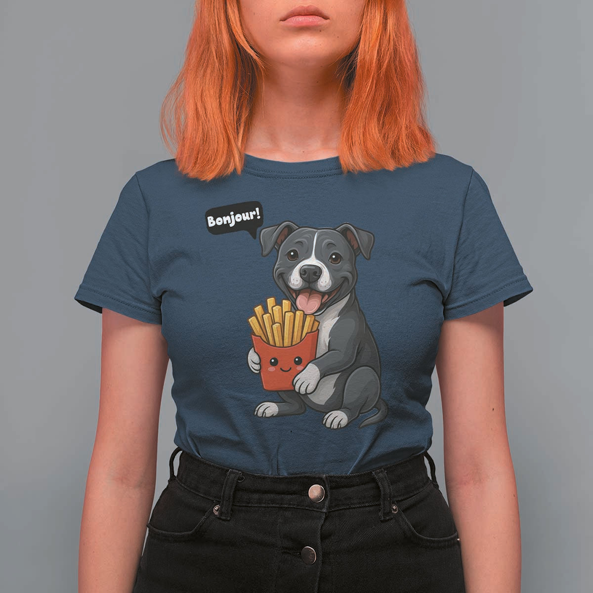 Funny Bonjour French Fries T Shirt For Women Pitbull Dog Gift - Wonder Print Shop