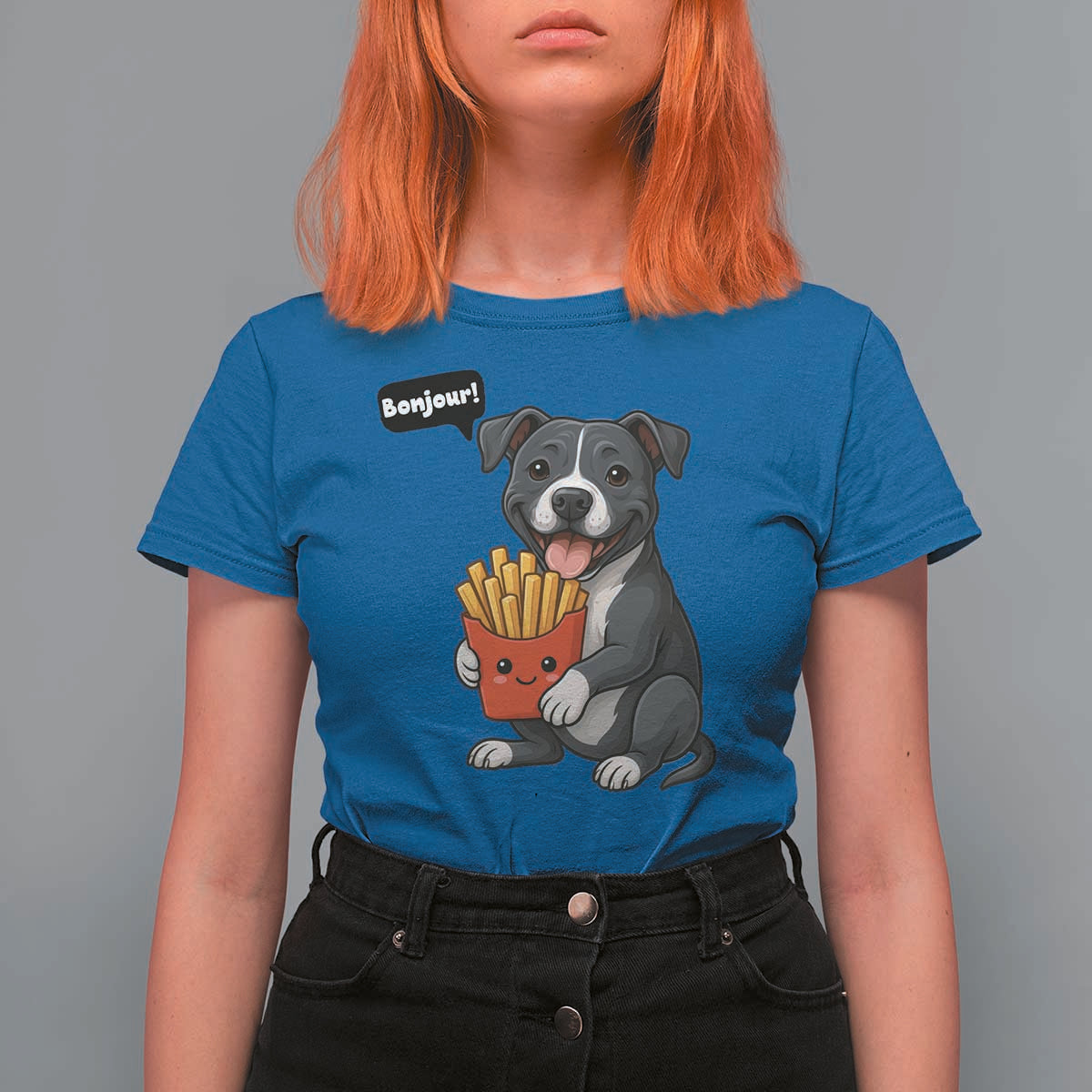 Funny Bonjour French Fries T Shirt For Women Pitbull Dog Gift - Wonder Print Shop
