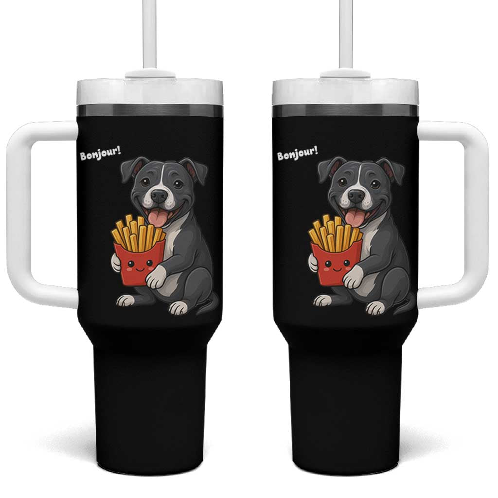 Funny Bonjour French Fries Tumbler With Handle Pitbull Dog Gift