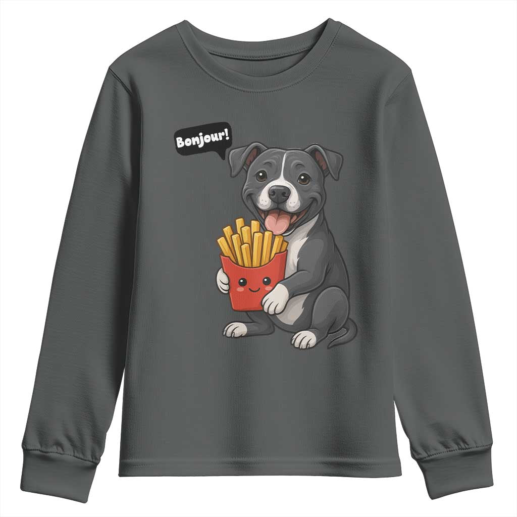Funny Bonjour French Fries Youth Sweatshirt Pitbull Dog Gift - Wonder Print Shop