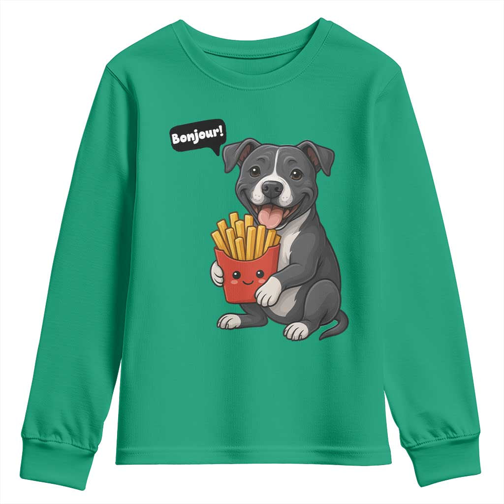 Funny Bonjour French Fries Youth Sweatshirt Pitbull Dog Gift - Wonder Print Shop