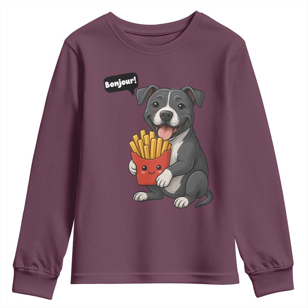 Funny Bonjour French Fries Youth Sweatshirt Pitbull Dog Gift - Wonder Print Shop