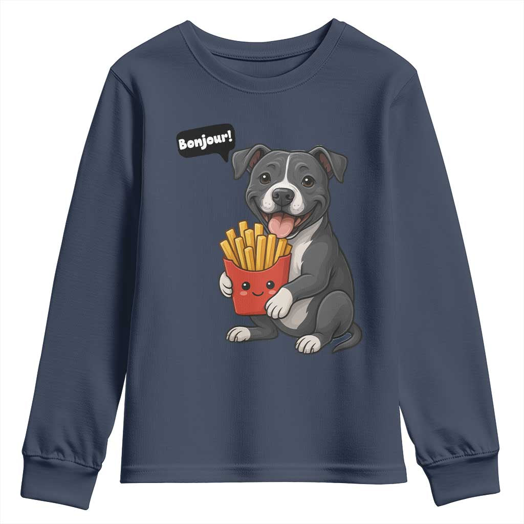 Funny Bonjour French Fries Youth Sweatshirt Pitbull Dog Gift - Wonder Print Shop