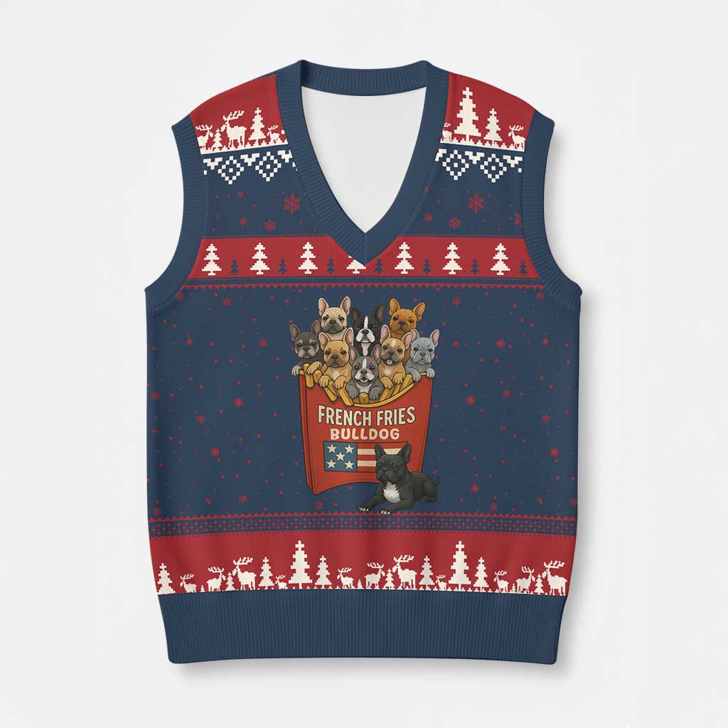 Funny French Fries Bulldog V-Neck Knit Sweater Vest Dog Lover Gift - Wonder Print Shop