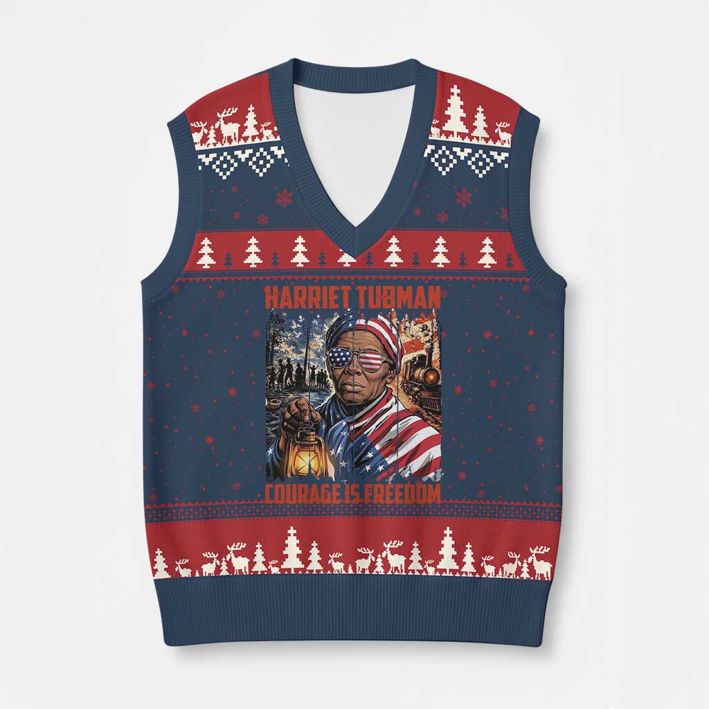 Harriet Tubman Courage Is Freedom V-Neck Knit Sweater Vest Black History Gift - Wonder Print Shop
