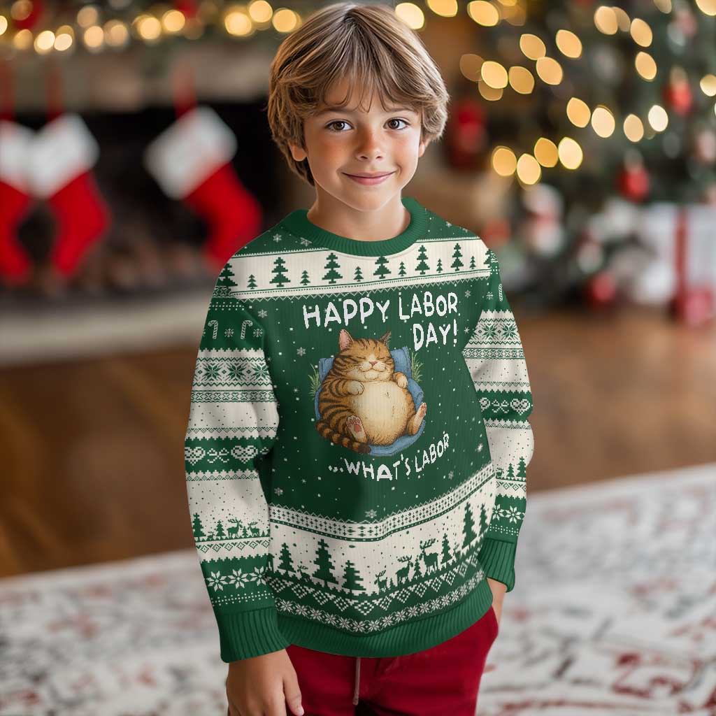 Funny Fat Cat Resting Lazy Cat Ugly Christmas Sweater Happy Labor Day Whats Labor