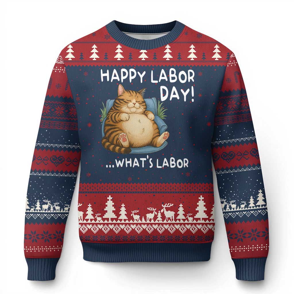 Funny Fat Cat Resting Lazy Cat Ugly Christmas Sweater Happy Labor Day Whats Labor