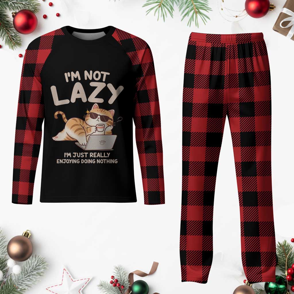 Funny Lazy Cat Plaid Pajama Set I'm Not Lazy I'm Just Really Enjoying Doing Nothing - Wonder Print Shop