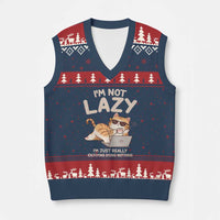 Funny Lazy Cat V-Neck Knit Sweater Vest I'm Not Lazy I'm Just Really Enjoying Doing Nothing - Wonder Print Shop