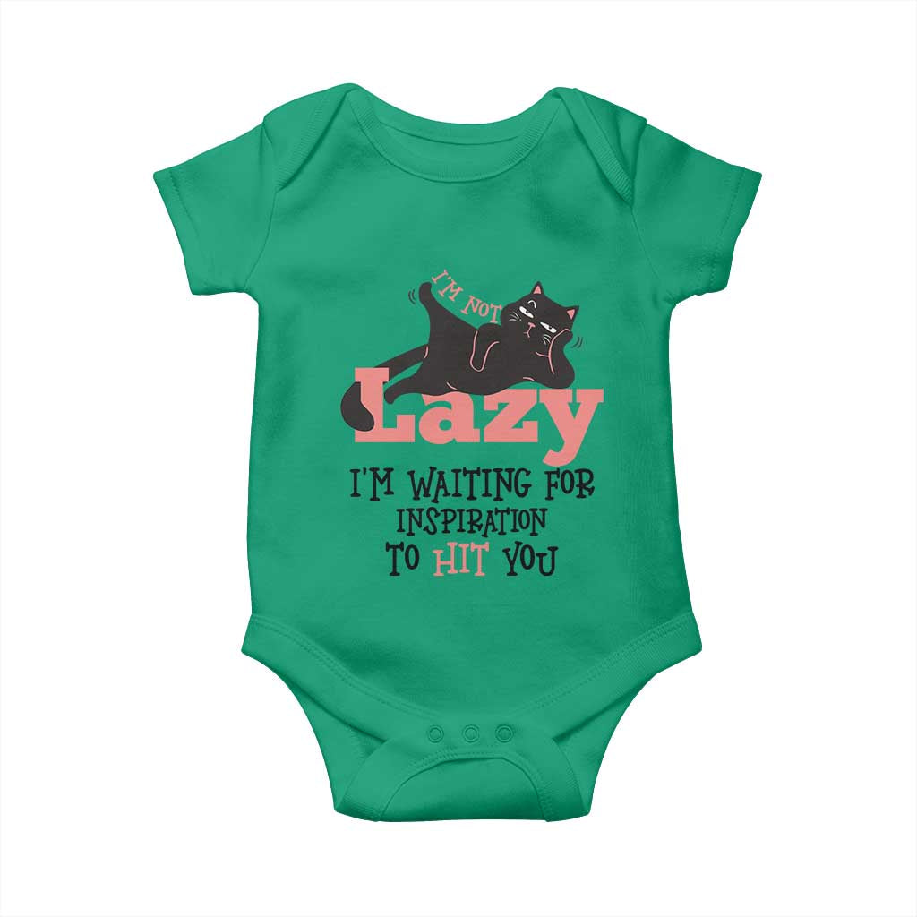 I Am Not Lazy I Am Waiting For Inspiration To Hit You Baby Onesie Black Lazy Cat - Wonder Print Shop
