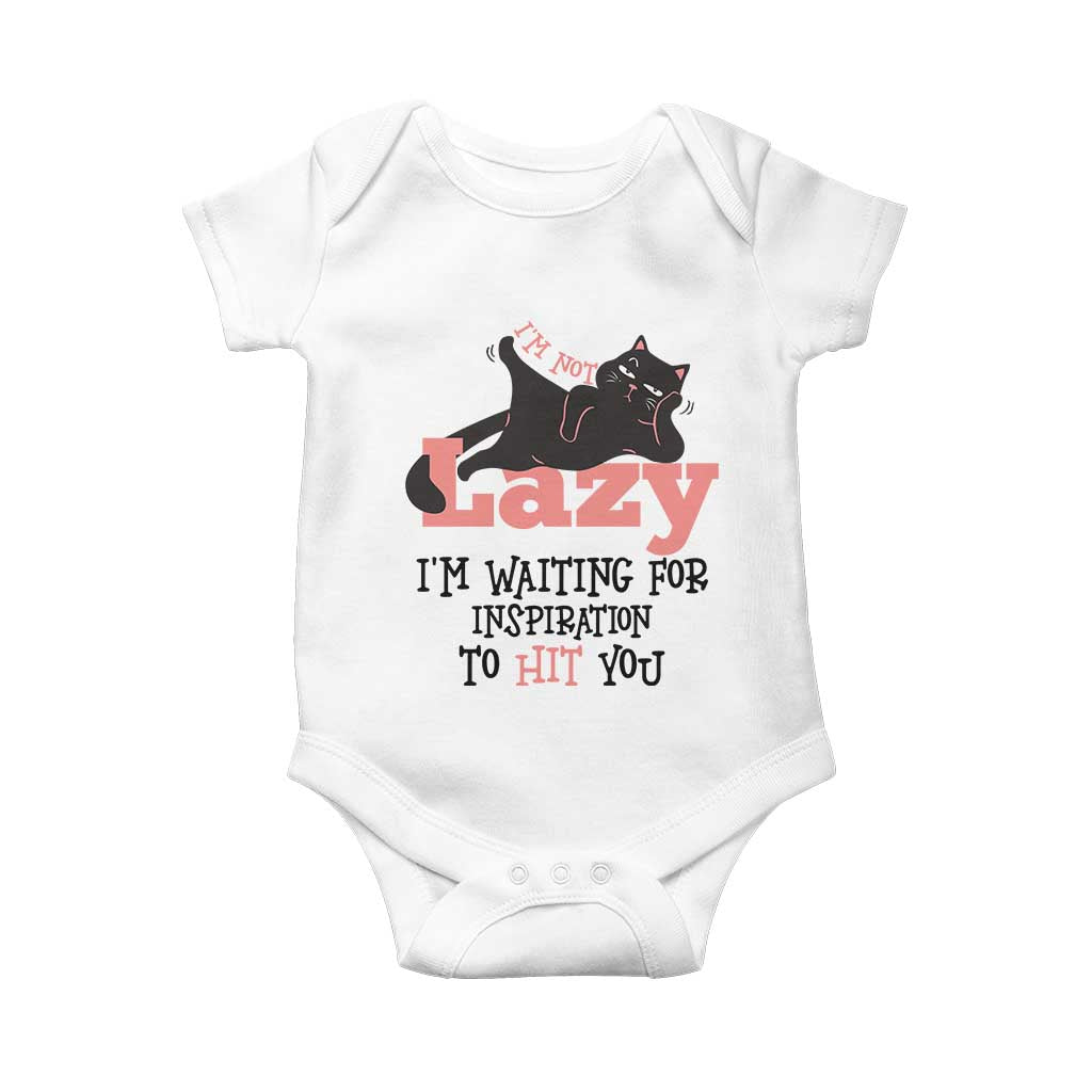 I Am Not Lazy I Am Waiting For Inspiration To Hit You Baby Onesie Black Lazy Cat - Wonder Print Shop