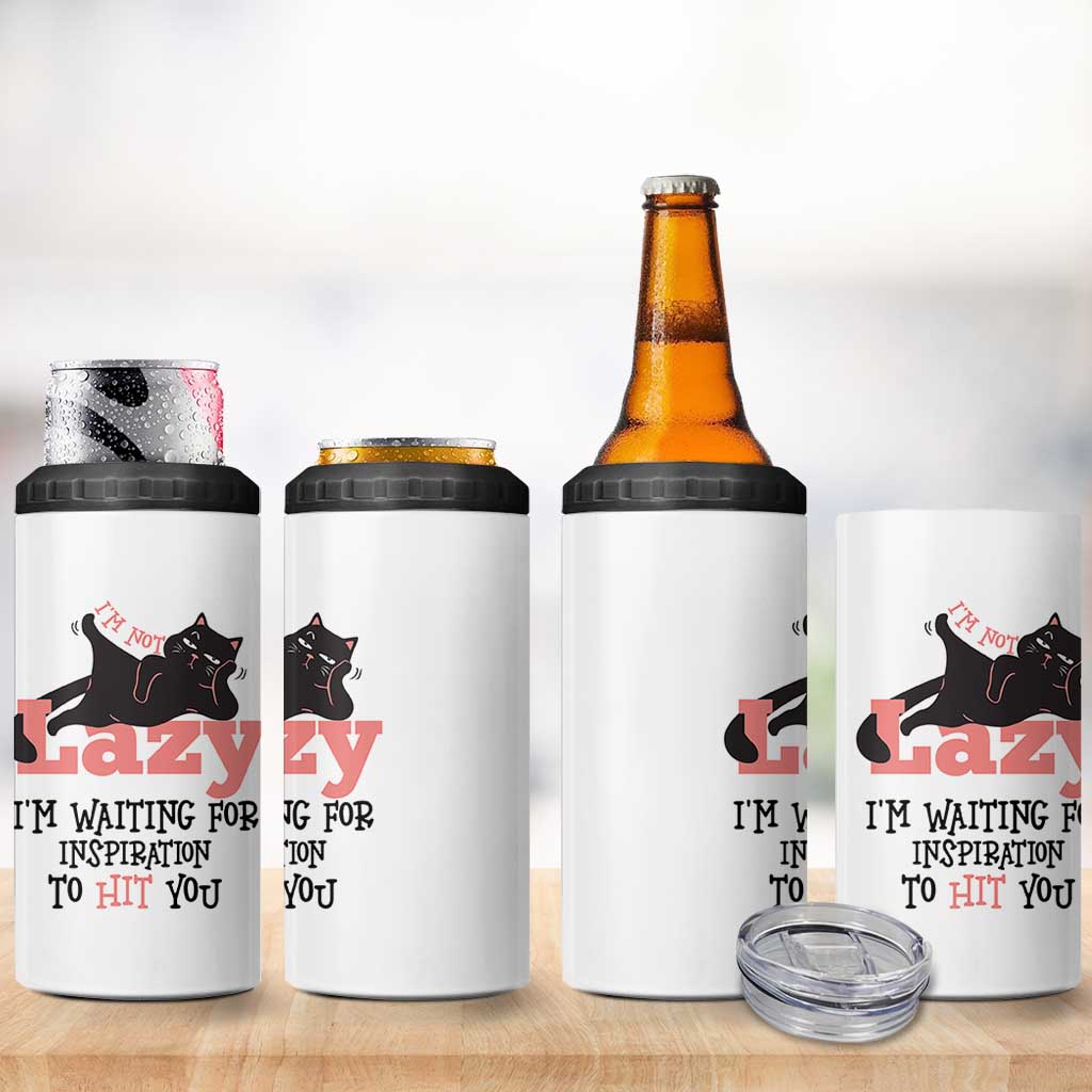 I Am Not Lazy I Am Waiting For Inspiration To Hit You 4 in 1 Can Cooler Tumbler Black Lazy Cat