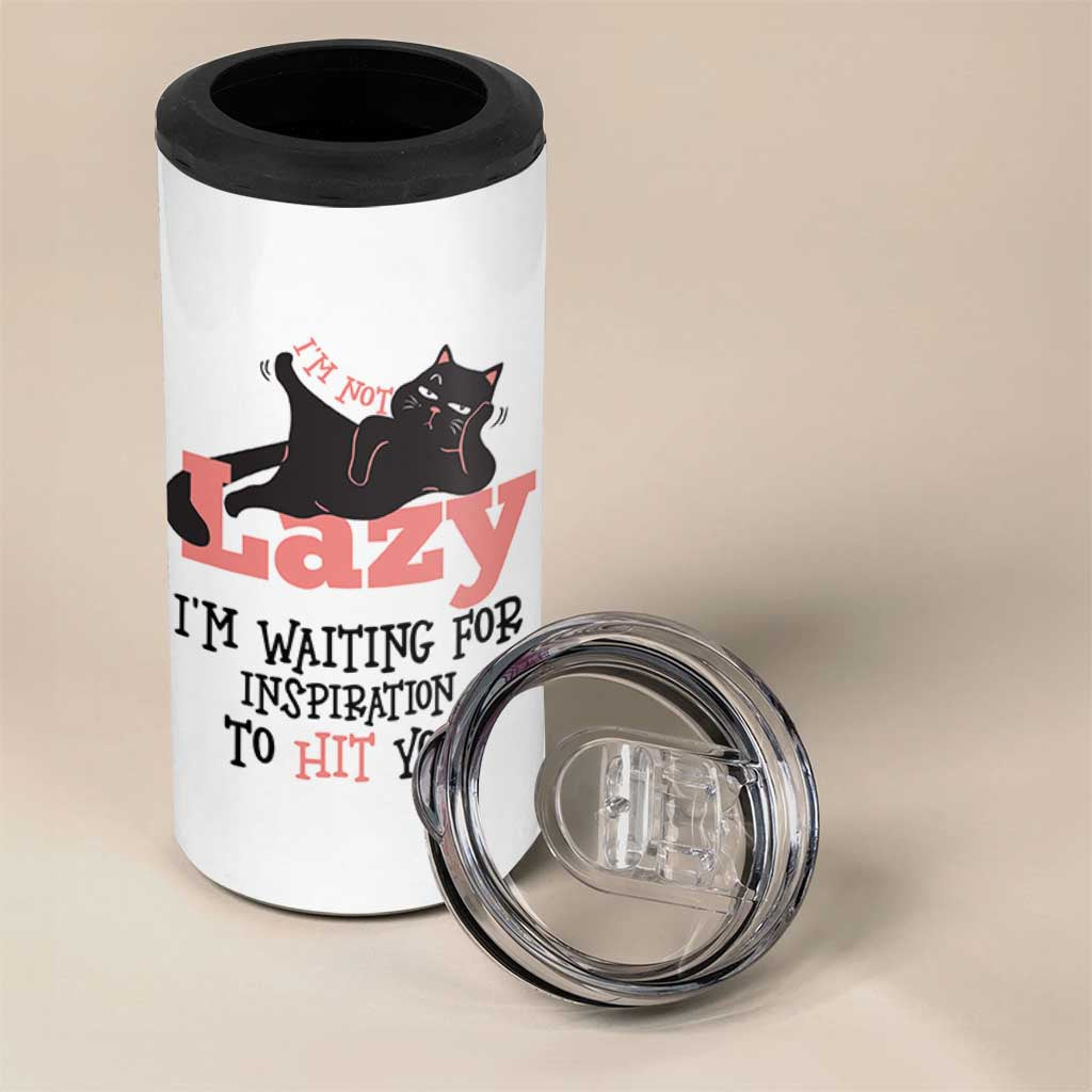 I Am Not Lazy I Am Waiting For Inspiration To Hit You 4 in 1 Can Cooler Tumbler Black Lazy Cat
