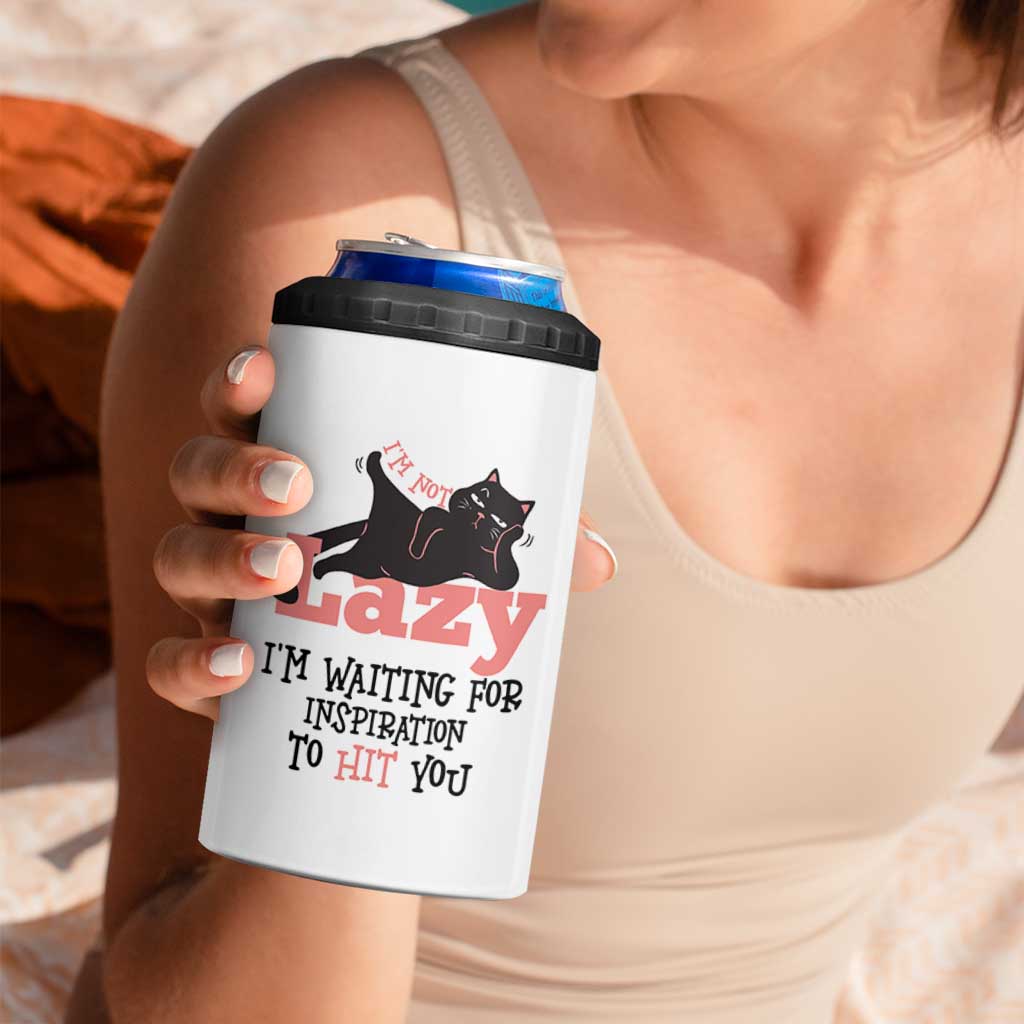 I Am Not Lazy I Am Waiting For Inspiration To Hit You 4 in 1 Can Cooler Tumbler Black Lazy Cat