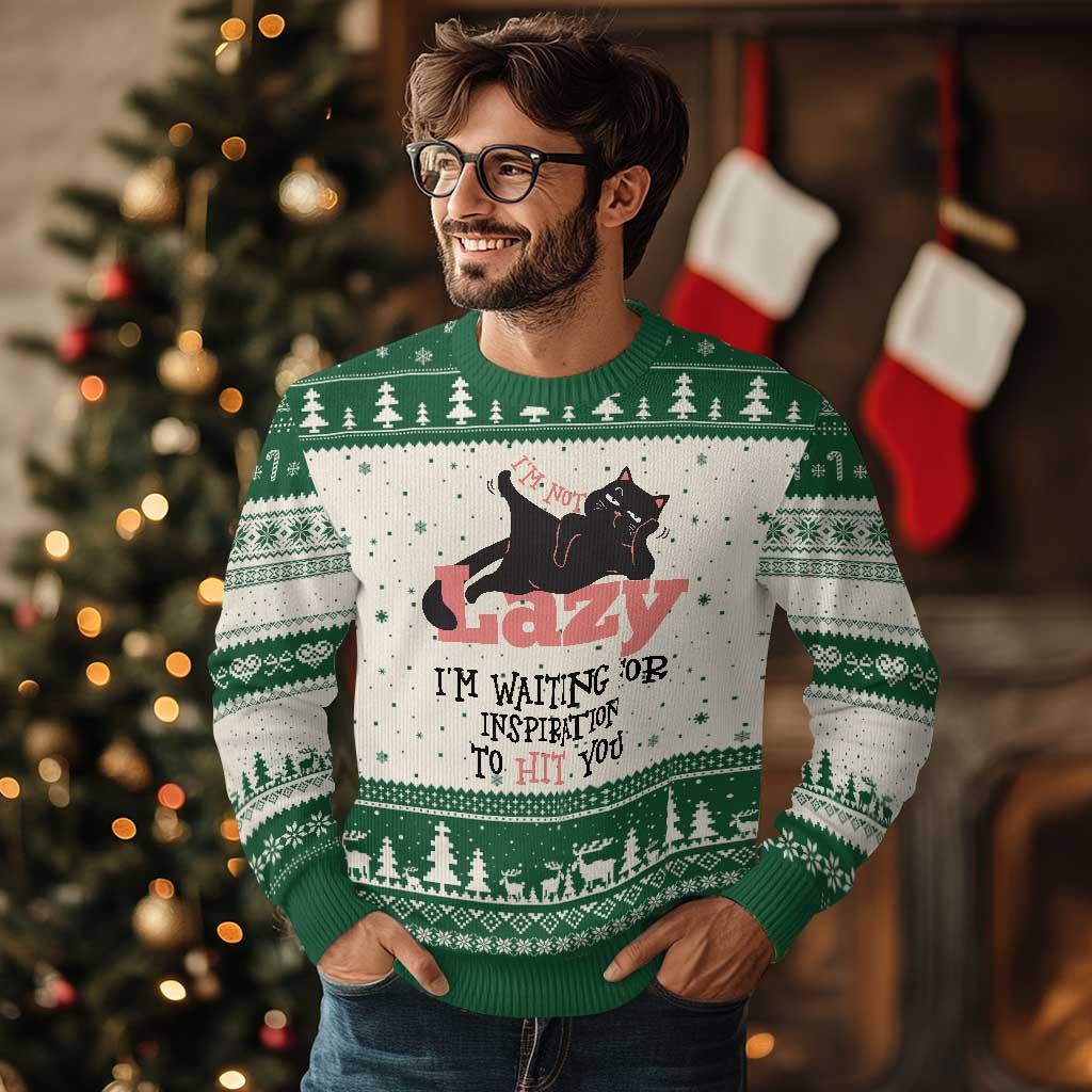 I Am Not Lazy I Am Waiting For Inspiration To Hit You Ugly Christmas Sweater Black Lazy Cat - Wonder Print Shop