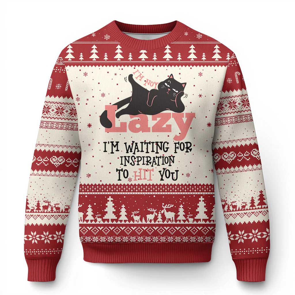 I Am Not Lazy I Am Waiting For Inspiration To Hit You Ugly Christmas Sweater Black Lazy Cat - Wonder Print Shop