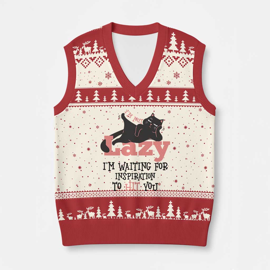 I Am Not Lazy I Am Waiting For Inspiration To Hit You V-Neck Knit Sweater Vest Black Lazy Cat - Wonder Print Shop