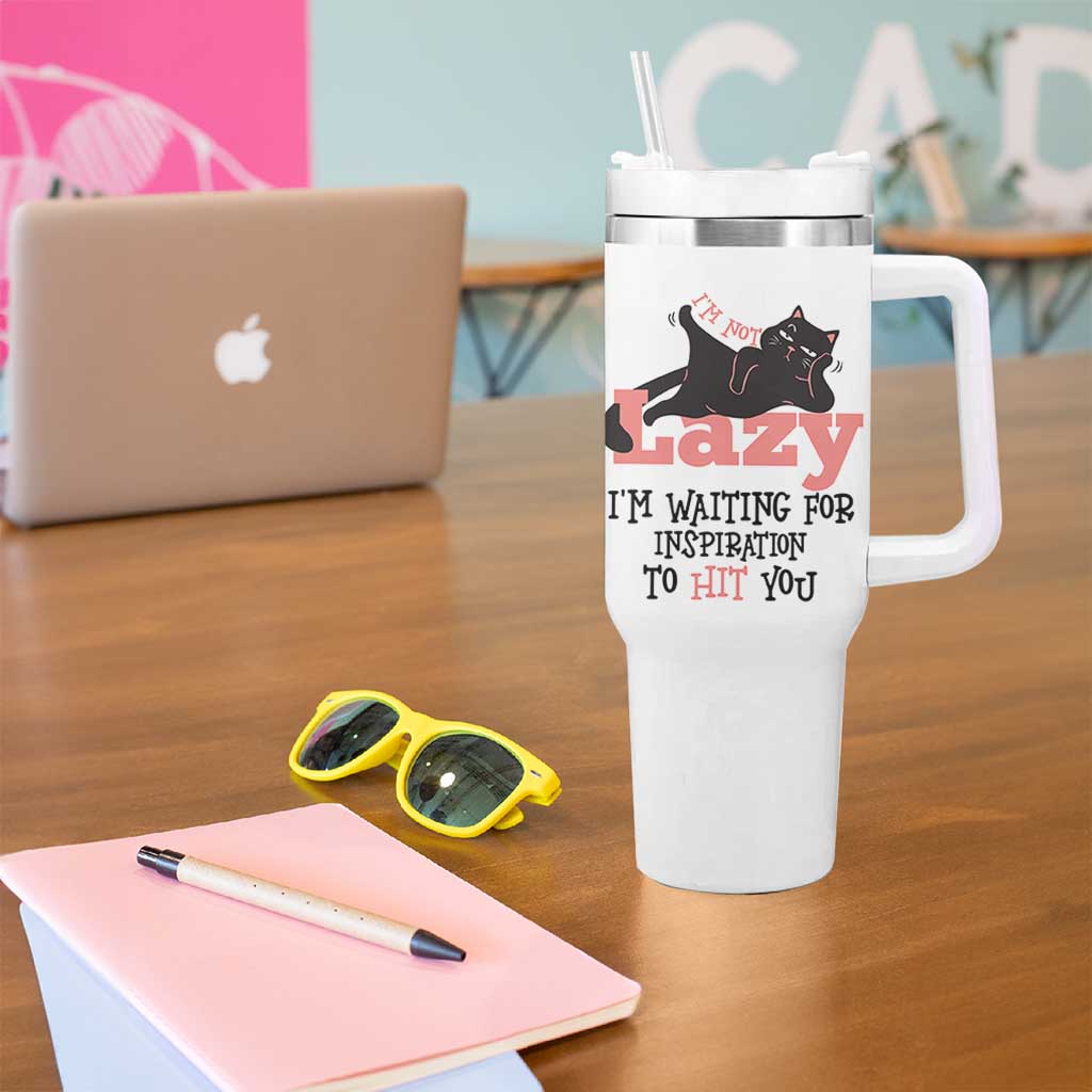 I Am Not Lazy I Am Waiting For Inspiration To Hit You Tumbler With Handle Black Lazy Cat