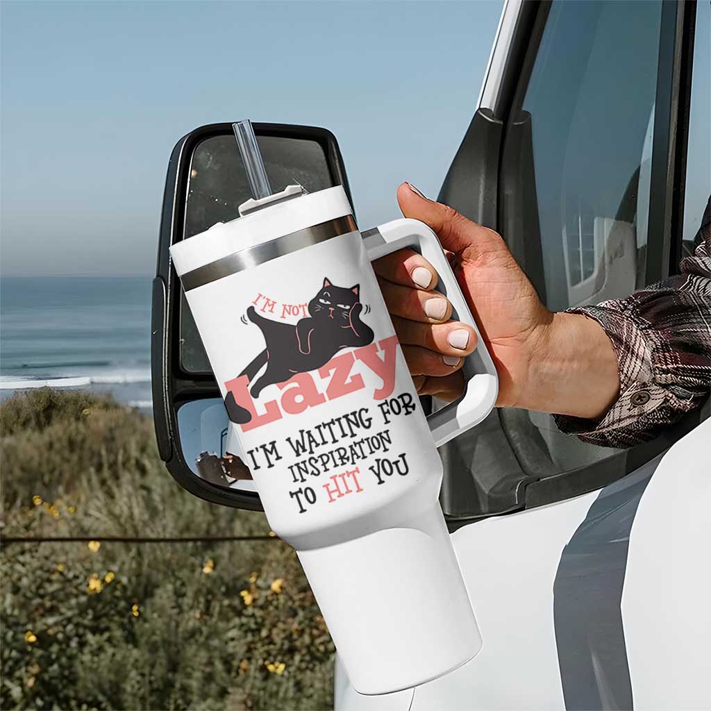 I Am Not Lazy I Am Waiting For Inspiration To Hit You Tumbler With Handle Black Lazy Cat