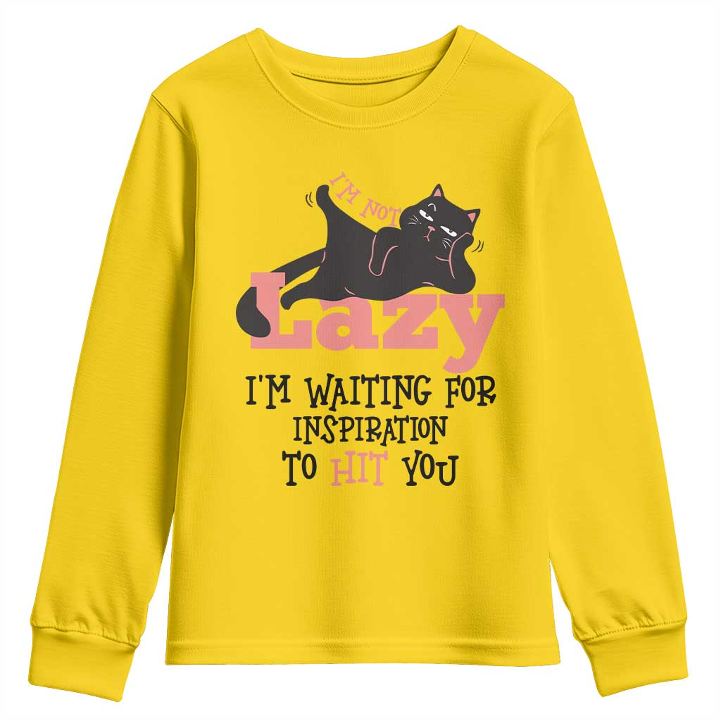 I Am Not Lazy I Am Waiting For Inspiration To Hit You Youth Sweatshirt Black Lazy Cat - Wonder Print Shop
