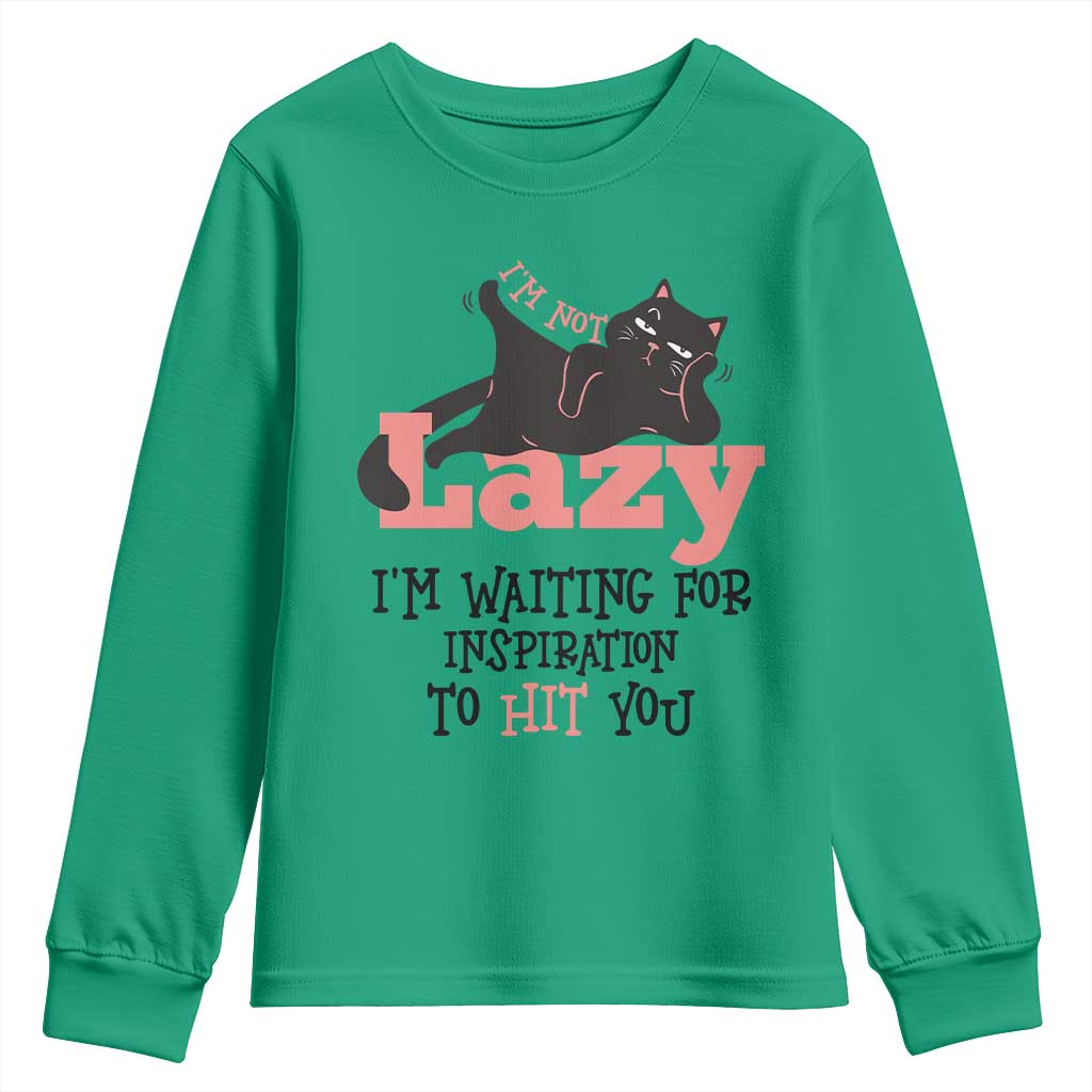 I Am Not Lazy I Am Waiting For Inspiration To Hit You Youth Sweatshirt Black Lazy Cat - Wonder Print Shop