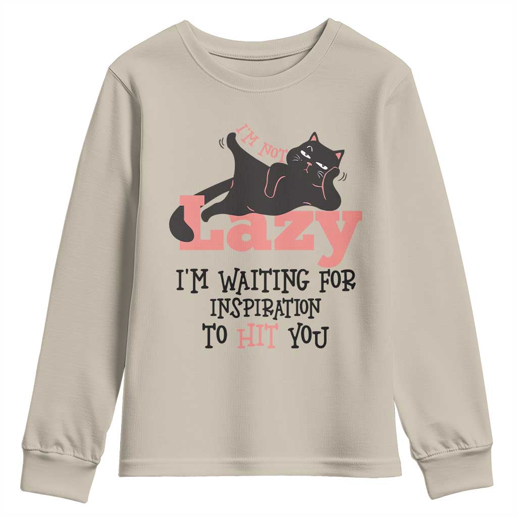 I Am Not Lazy I Am Waiting For Inspiration To Hit You Youth Sweatshirt Black Lazy Cat - Wonder Print Shop
