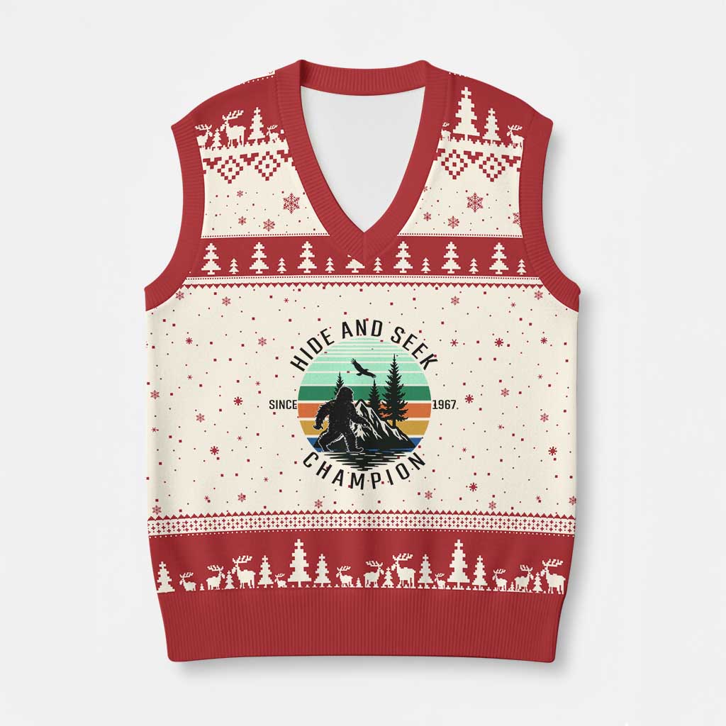 Hide And Seek Champion V-Neck Knit Sweater Vest Bigfoot Lover Gift - Wonder Print Shop