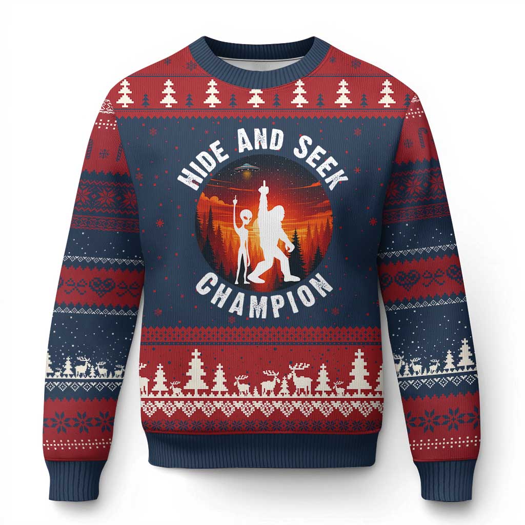 Hide And Seek Champion Ugly Christmas Sweater Funny Bigfoot And Alien Lover Gift - Wonder Print Shop