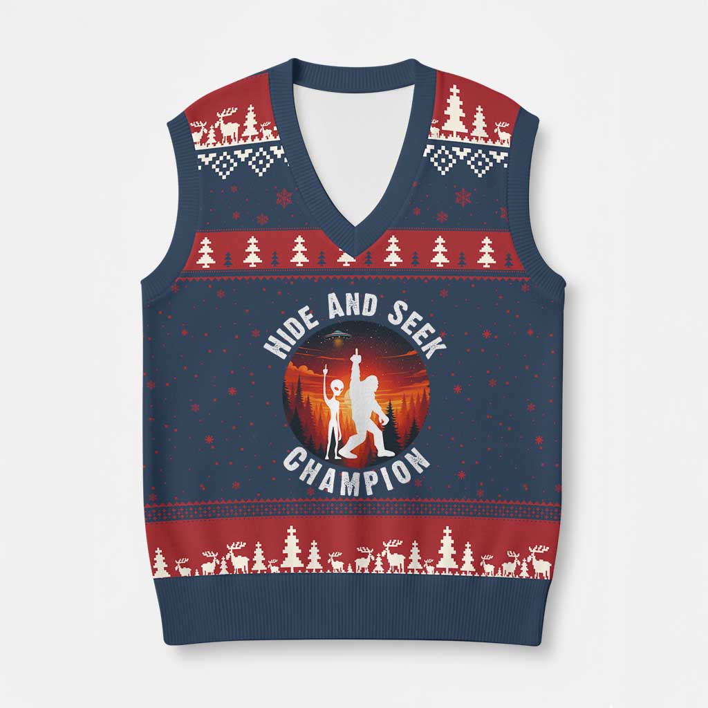 Hide And Seek Champion V-Neck Knit Sweater Vest Funny Bigfoot And Alien Lover Gift - Wonder Print Shop