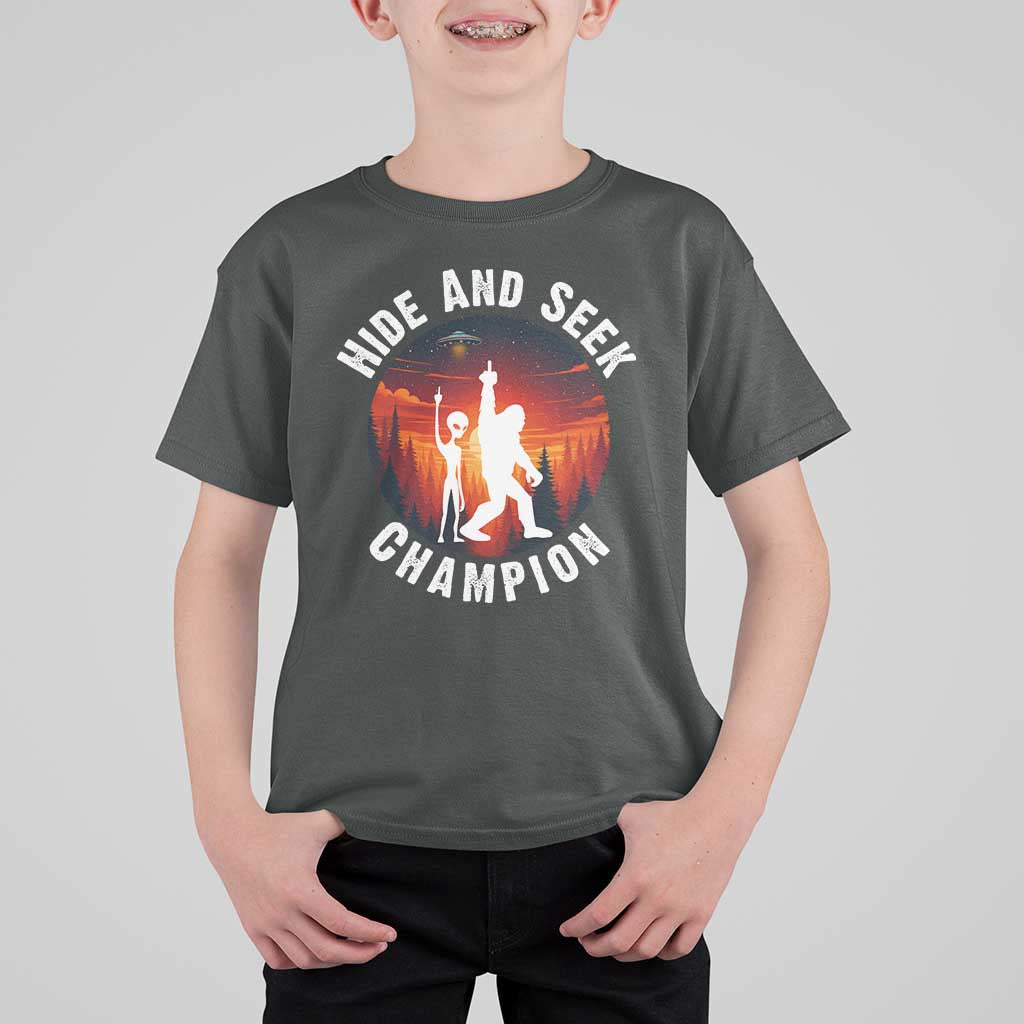 Hide And Seek Champion T Shirt For Kid Funny Bigfoot And Alien Lover Gift - Wonder Print Shop
